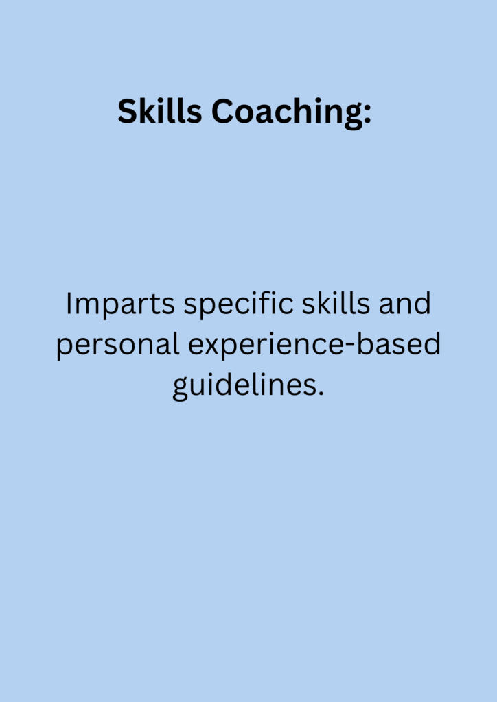 Skills Coaching: Imparts specific skills and personal experience-based guidelines.