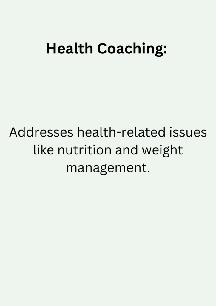 Health Coaching: Addresses health-related issues like nutrition and weight management.