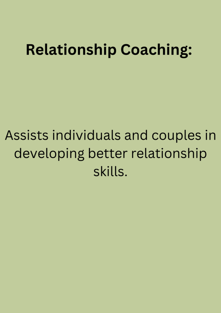 Relationship Coaching: Assists individuals and couples in developing better relationship skills.